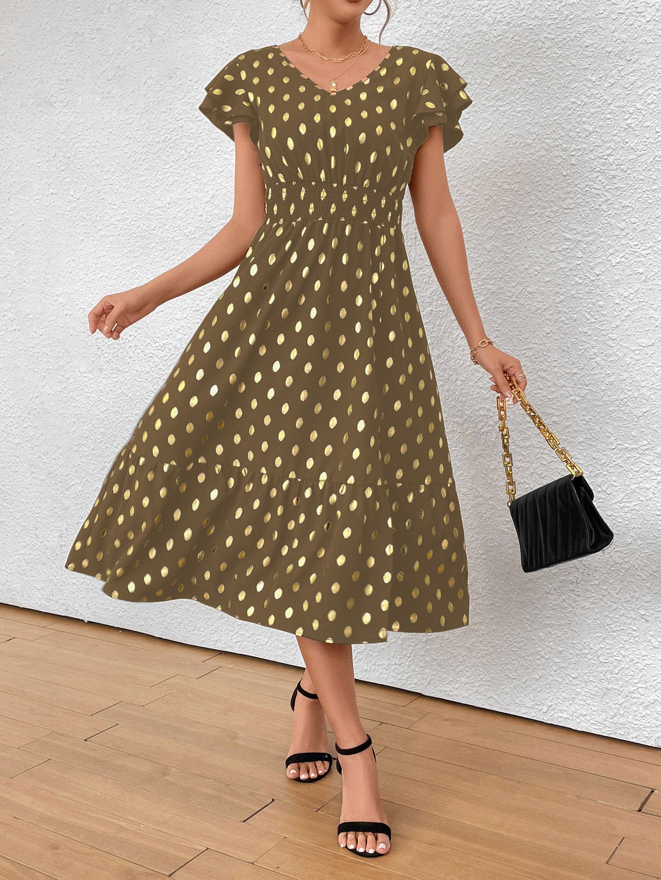 Damen Midikleid mit Rüschendetails und goldenen Punkten Sovae