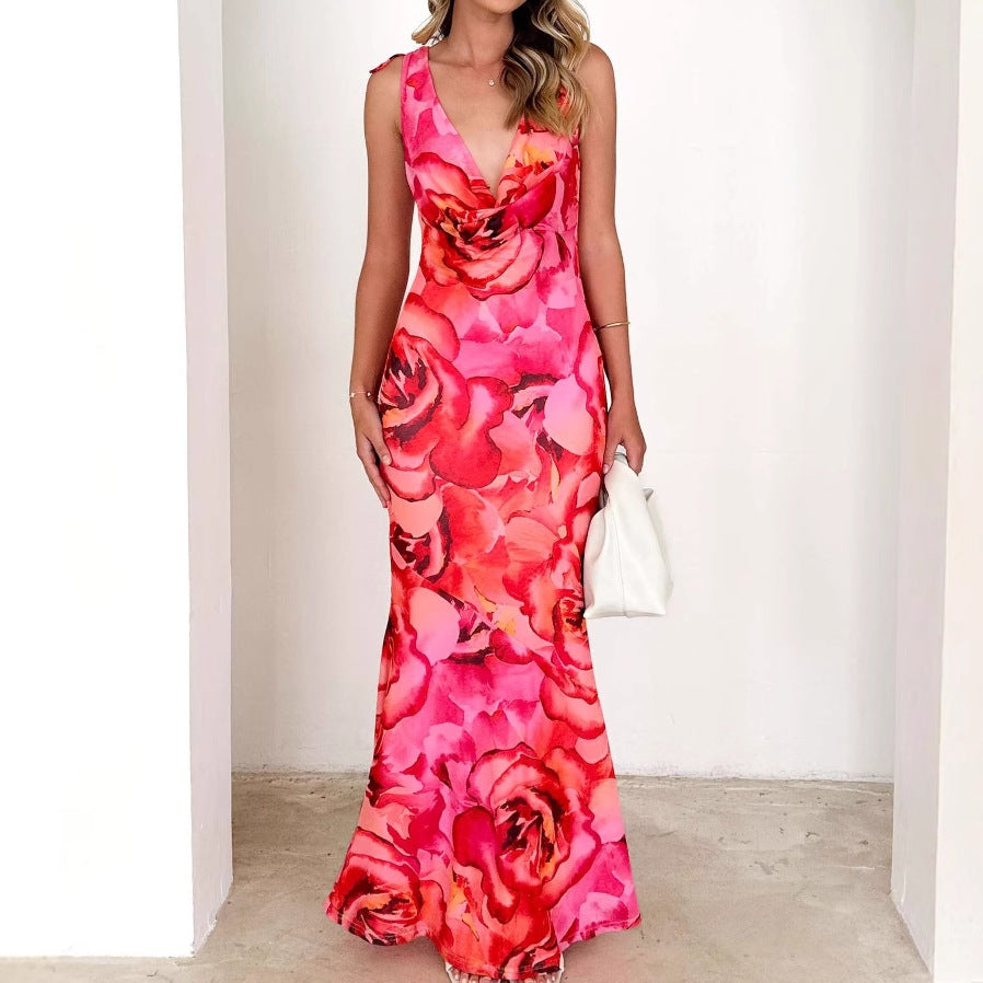Damen elegantes Maxikleid aus fließendem Chiffon mit tiefem V-Ausschnitt und floralem Design Sovae