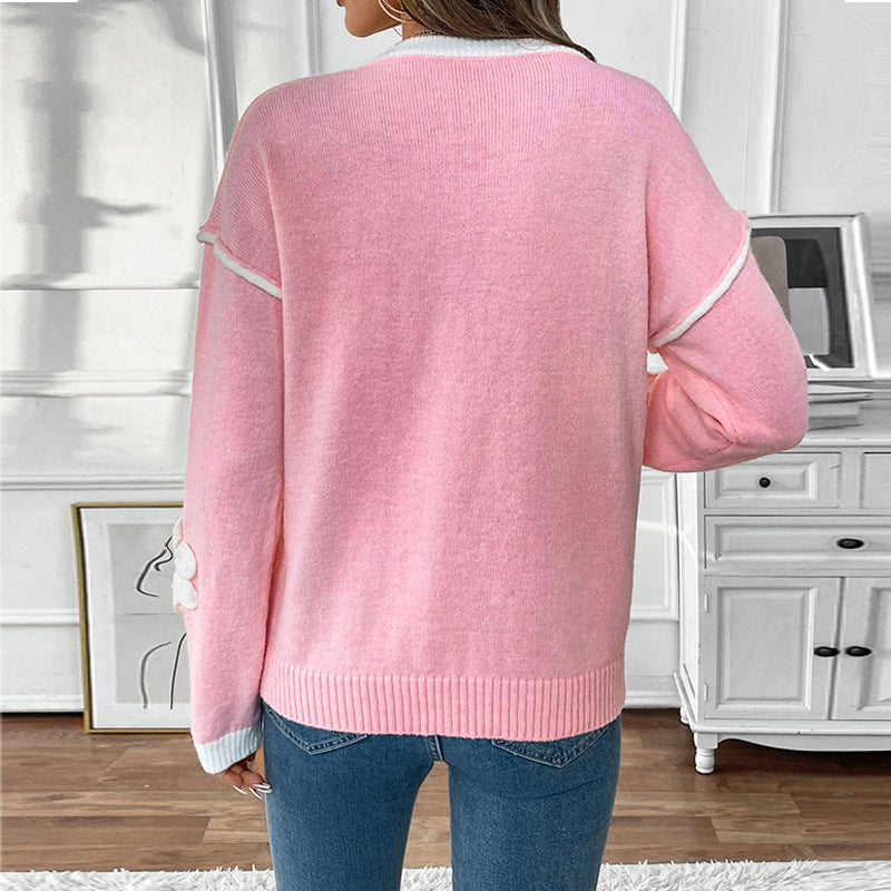 Damen V-Ausschnitt Pullover mit Blumen-Design Sovae