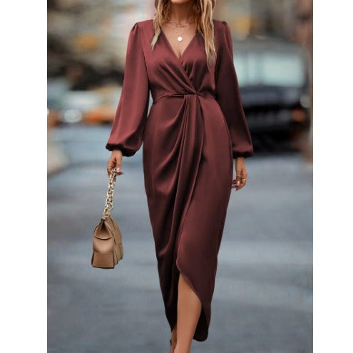 Damen Maxikleid mit raffiniertem Wickeldesign und voluminösen Ärmeln Sovae