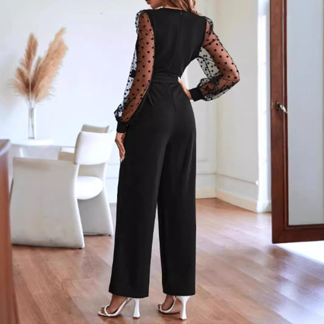 Damen Wickel-Jumpsuit mit transparenten Puffärmeln Sovae