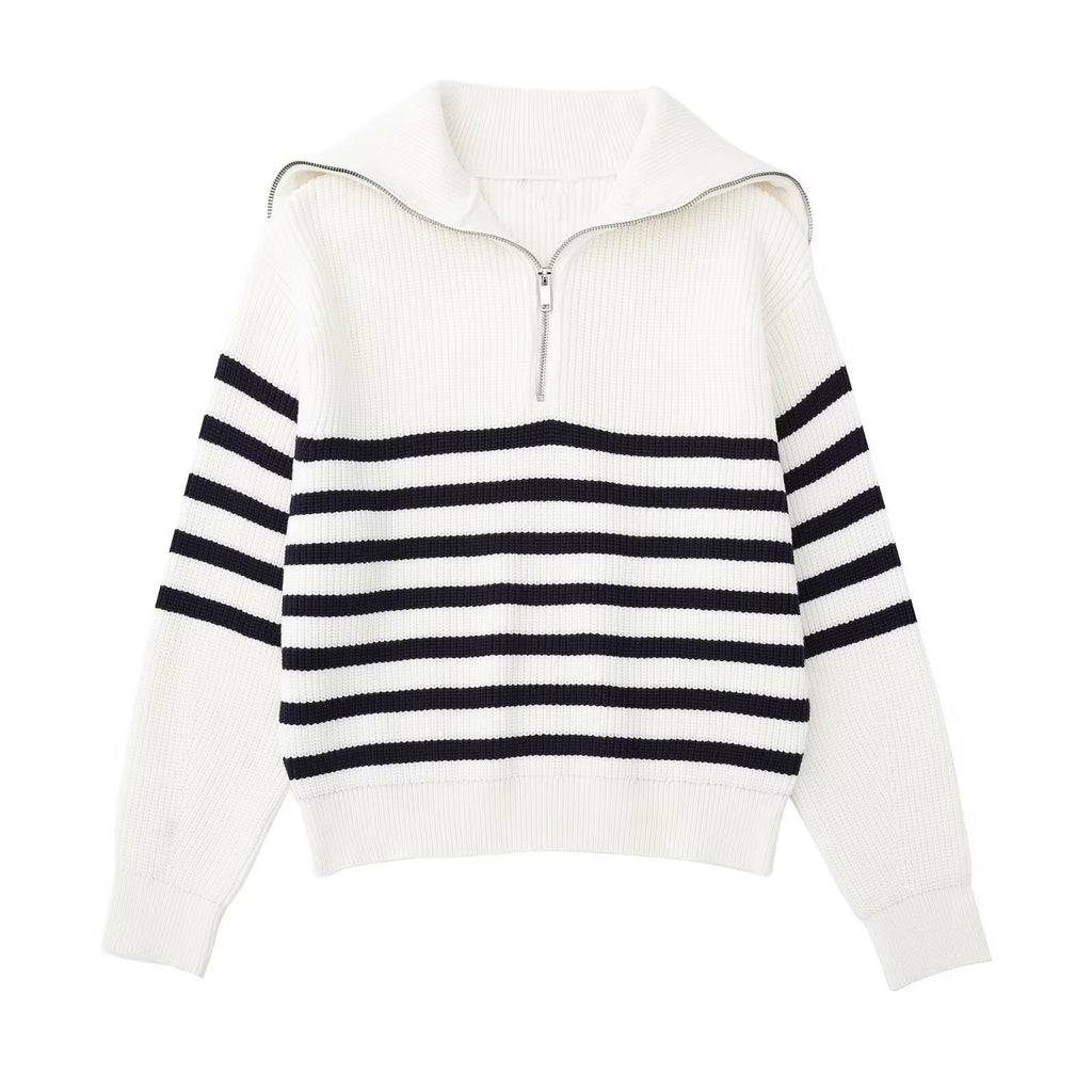 Damen modischer Strickpullover mit halbem Reißverschluss und Streifenmuster Sovae