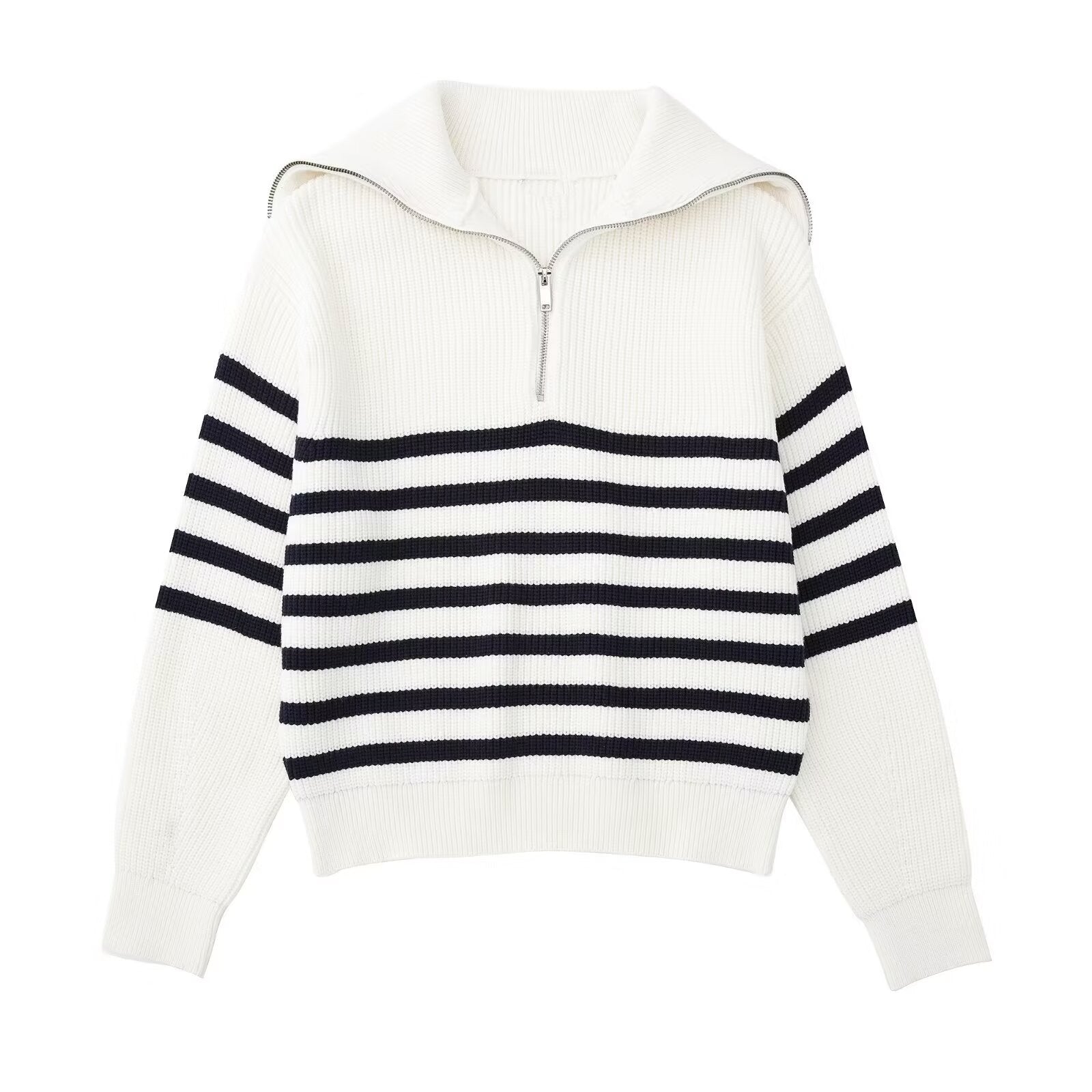 Damen modischer Strickpullover mit halbem Reißverschluss und Streifenmuster Sovae