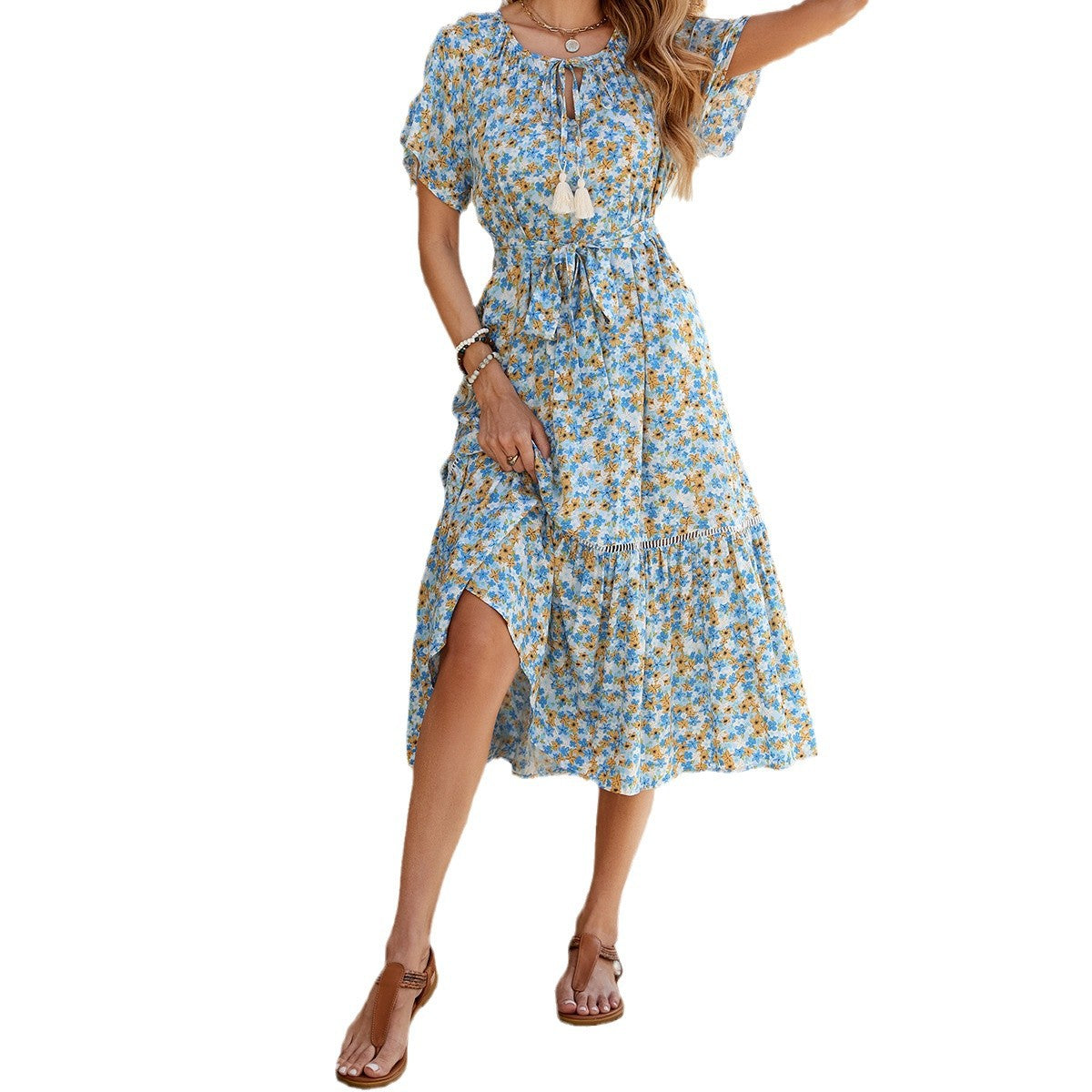 Damen Midikleid mit floralem Design und Rüschendetails Sovae