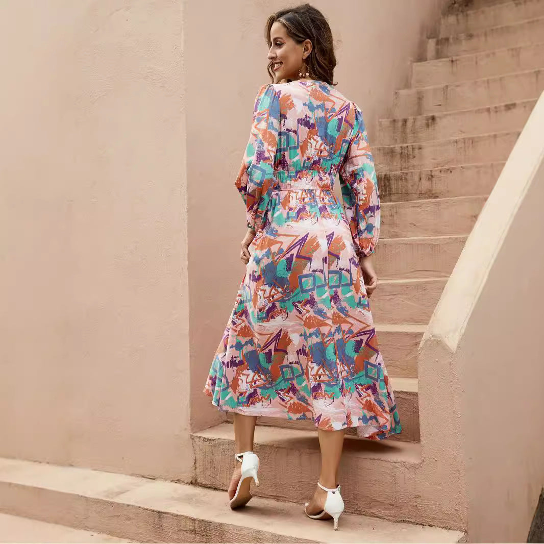 Damen Maxi-Kleid mit tiefem V-Ausschnitt und eleganten langen Ärmeln Sovae