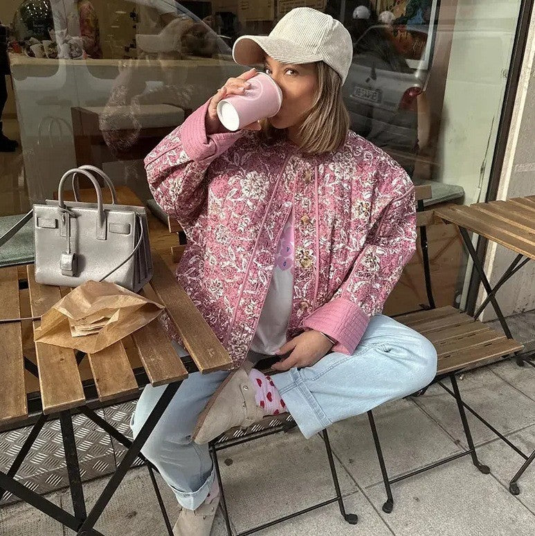 Damen Steppjacke mit floralem Muster und praktischen Taschen Sovae