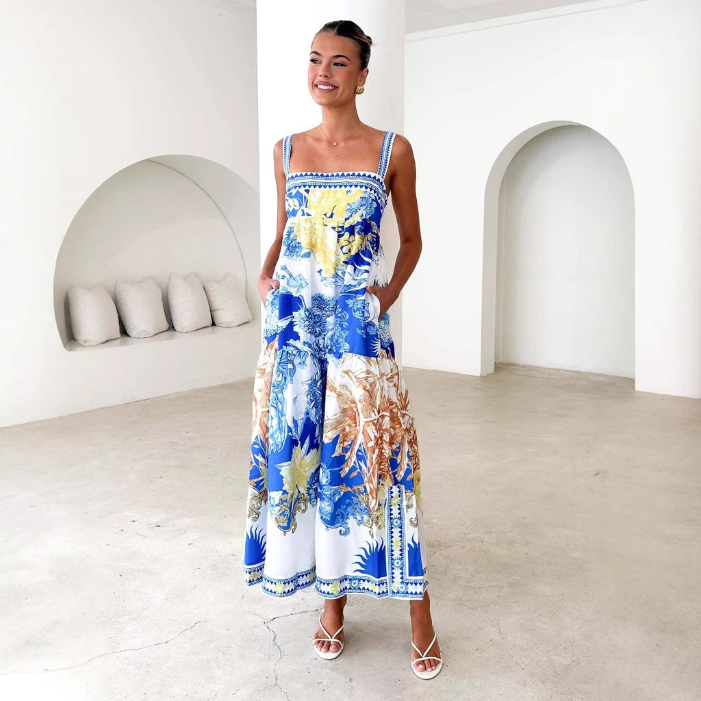 Damen luftiges Maxikleid mit floralem Design und praktischen Taschen Sovae