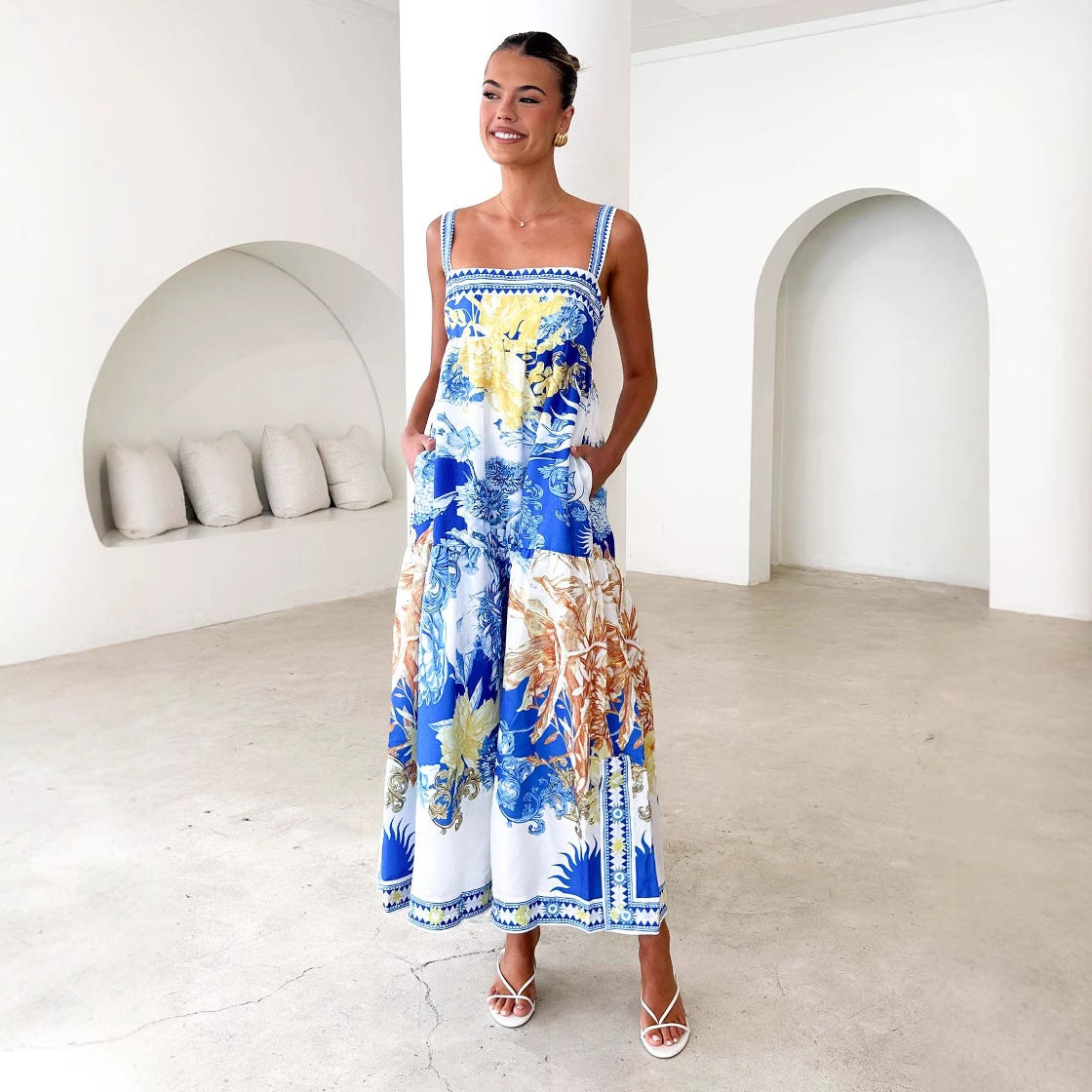 Damen luftiges Maxikleid mit floralem Design und praktischen Taschen Sovae