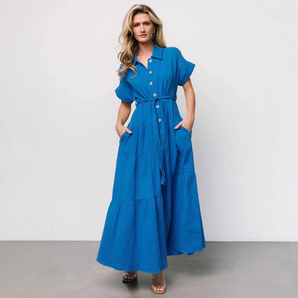Damen Maxikleid mit taillierbarem Gürtel und Volant Sovae