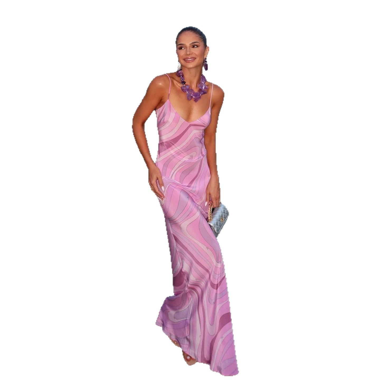 Damen Maxikleid mit schmalen Spaghettiträgern und elegantem V-Ausschnitt Sovae