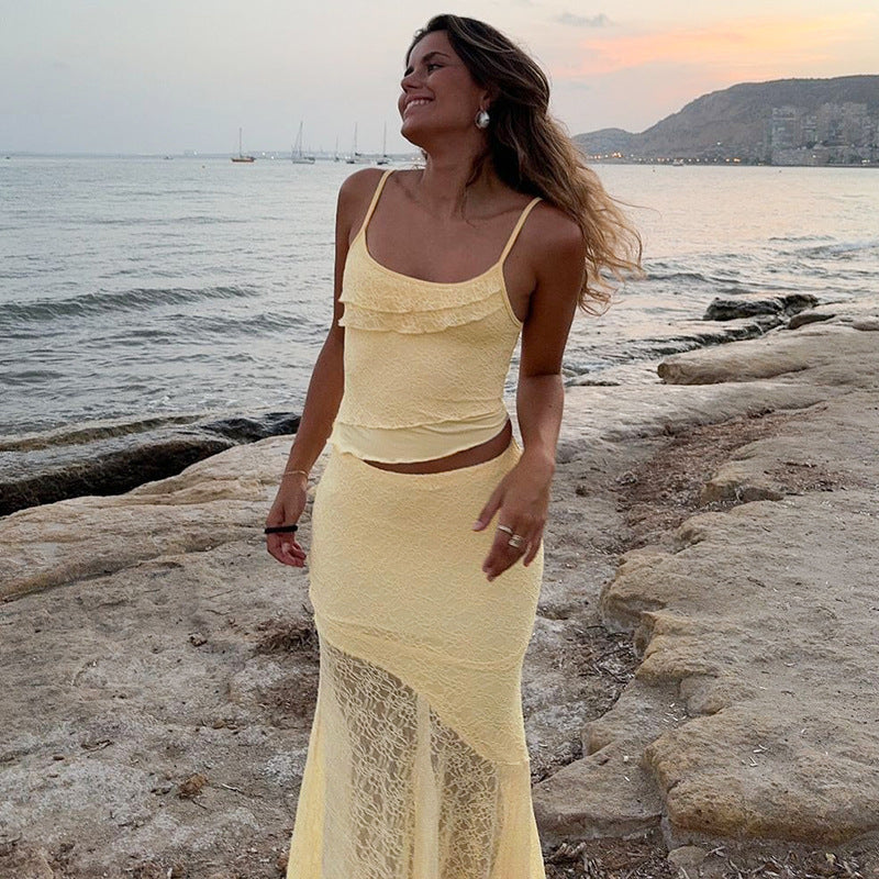 Damen ärmelloses Maxikleid mit Spitzenakzenten Sovae