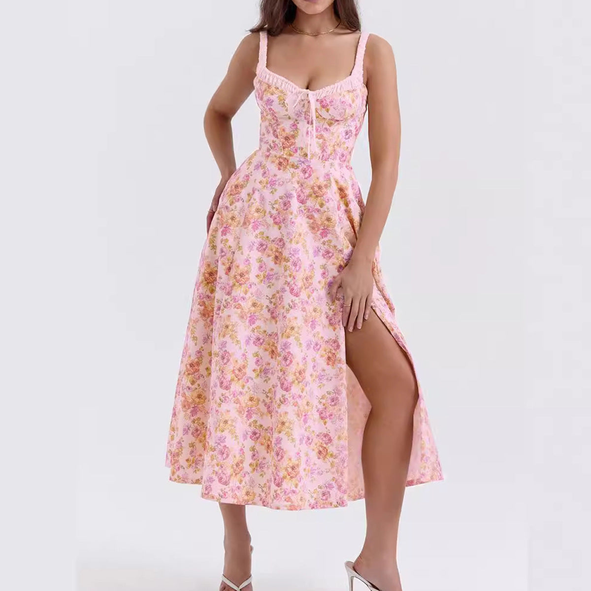 Damen Blühendes Sommer-Maxi-Kleid mit Spitze und gerafftem Oberteil Sovae