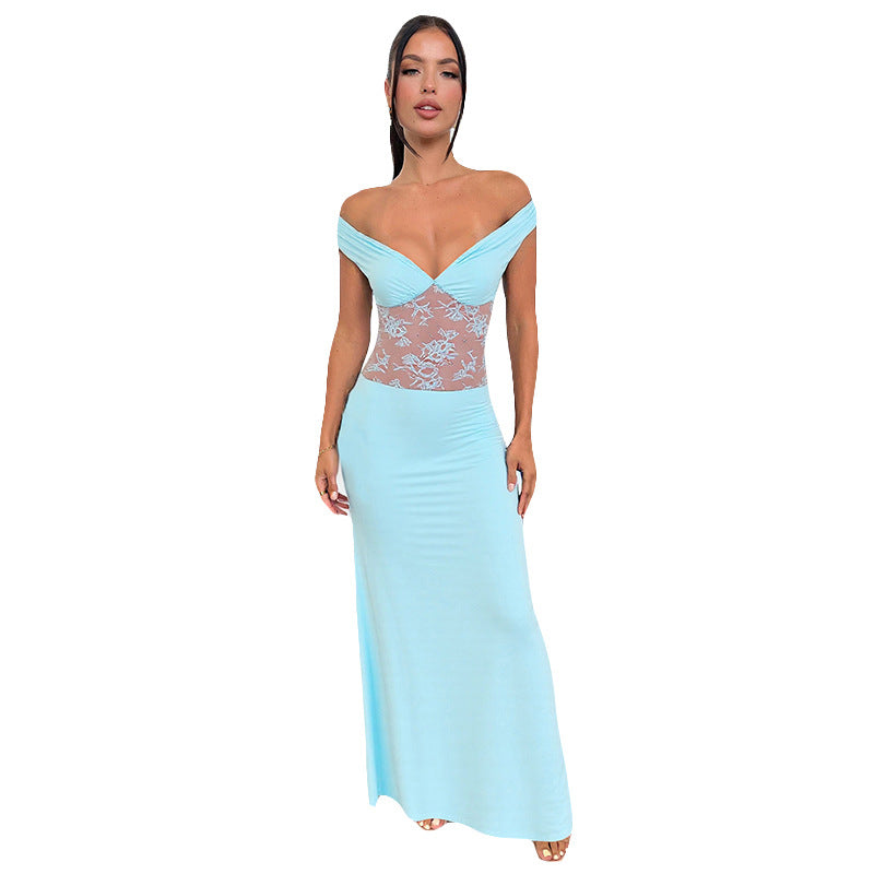 Damen elegantes Maxikleid mit Off-Shoulder Design und floralem Spitzeneinsatz Sovae