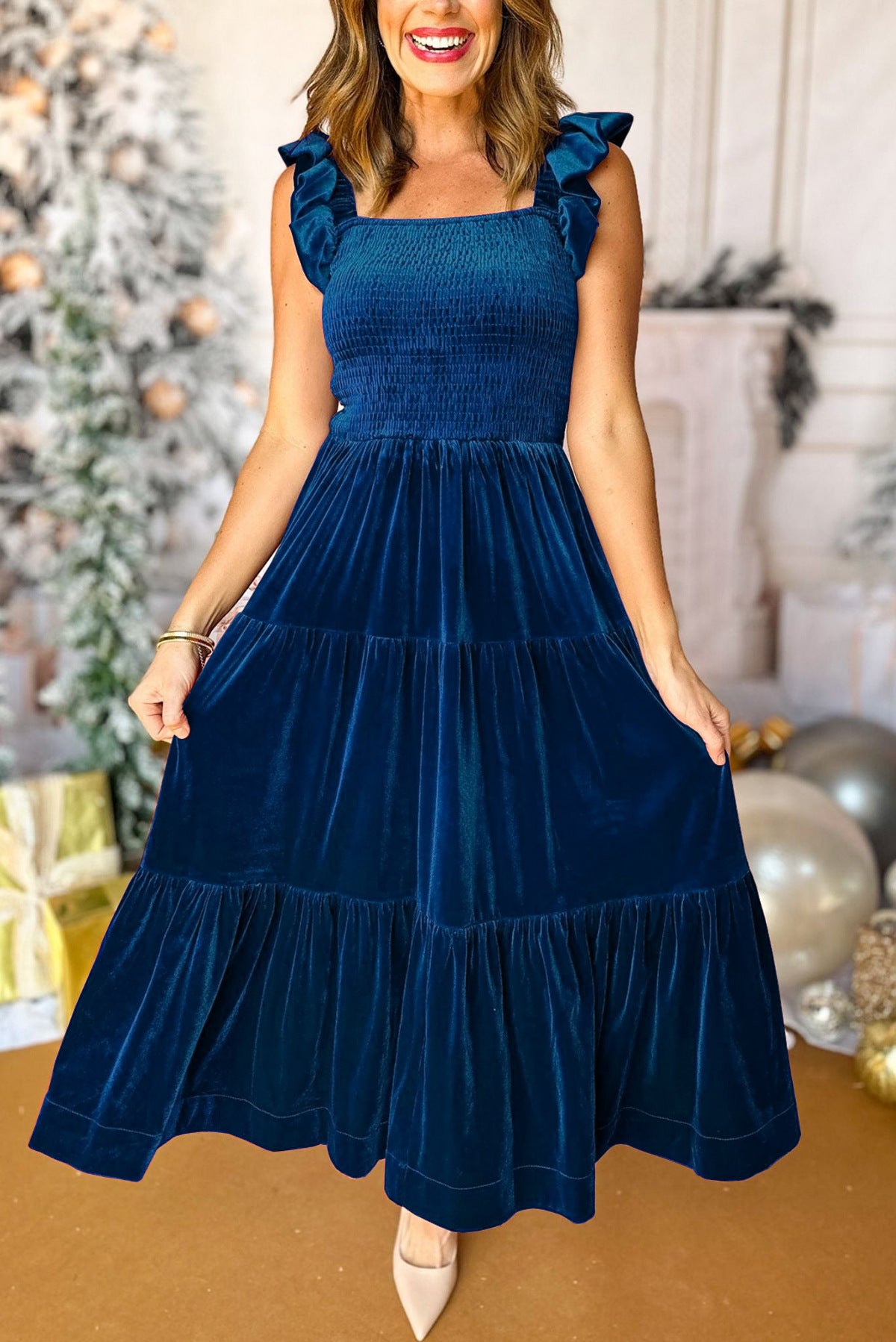 Damen Maxikleid mit Volantärmel und Rüschendetails Sovae