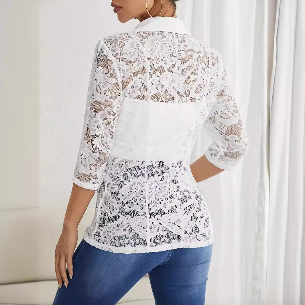 Damen Elegante Blazerjacke mit transparenter Spitzenverarbeitung Sovae