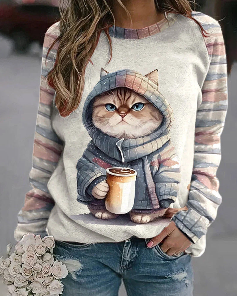 Damen Sweatshirt mit Katzenmotiv und Kapuze Sovae