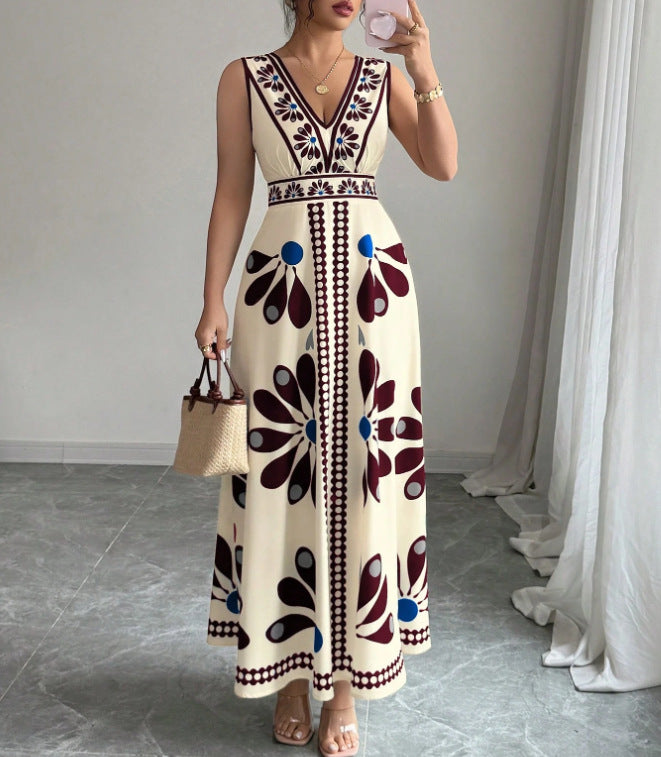 Damen Maxikleid mit voluminösem Blumenmuster und tiefem V-Ausschnitt Sovae