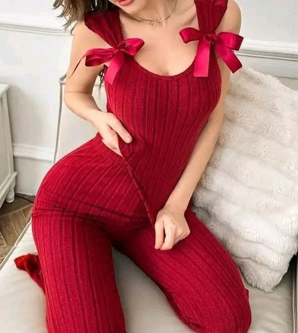 Damen Rippstrick Jumpsuit mit Schleifen Sovae