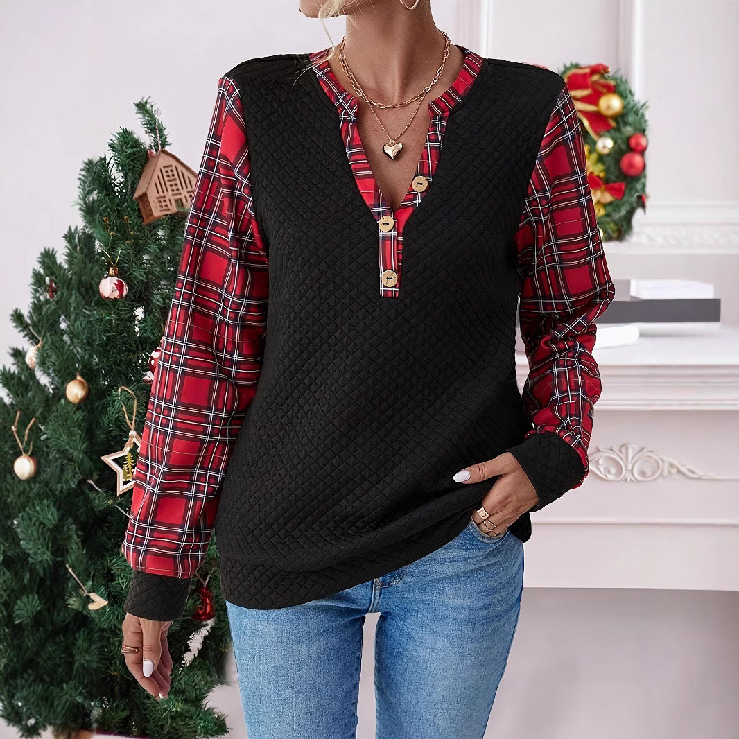Damen modisches Langarmshirt mit Karomuster und Knopfdetail Sovae