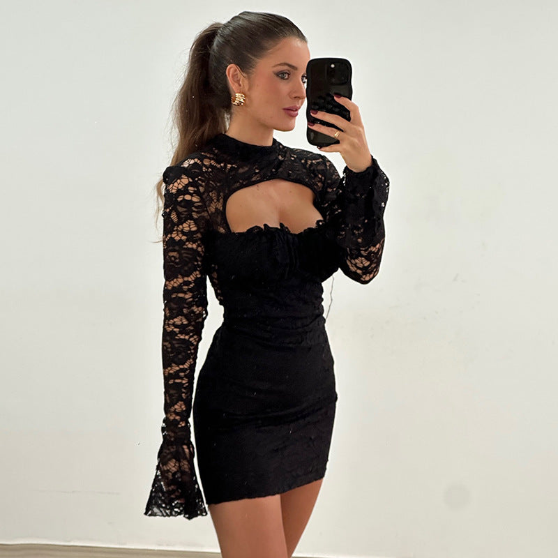 Damen Spitzen Minikleid mit Cut-Out-Details und langen Ärmeln Sovae