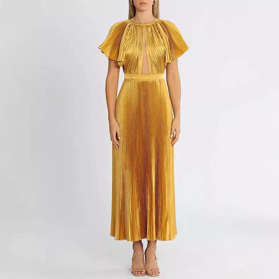 Damen Plissiertes Maxikleid mit elegantem Ausschnitt und fließendem Fall Sovae