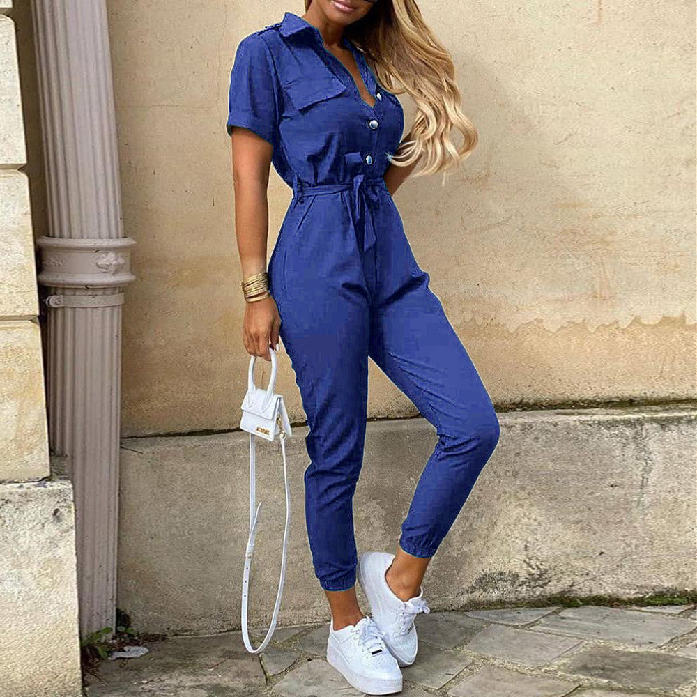 Damen lässiger Kurzarm Jumpsuit mit Taillengürtel Sovae