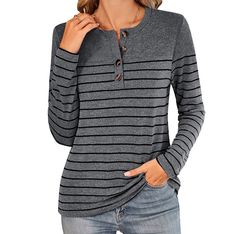 Damen Langarmshirt mit modischem Knopfverschluss und feinen Streifen Sovae
