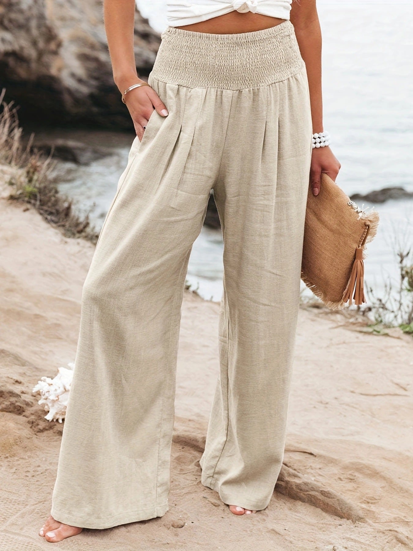 Damen Weite Leinenhose mit Elastikbund Sovae