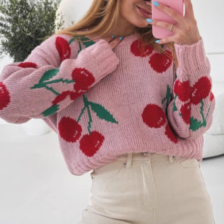 Damen lässiger Pullover mit fruchtigem Kirschmuster und weichem Strick Sovae