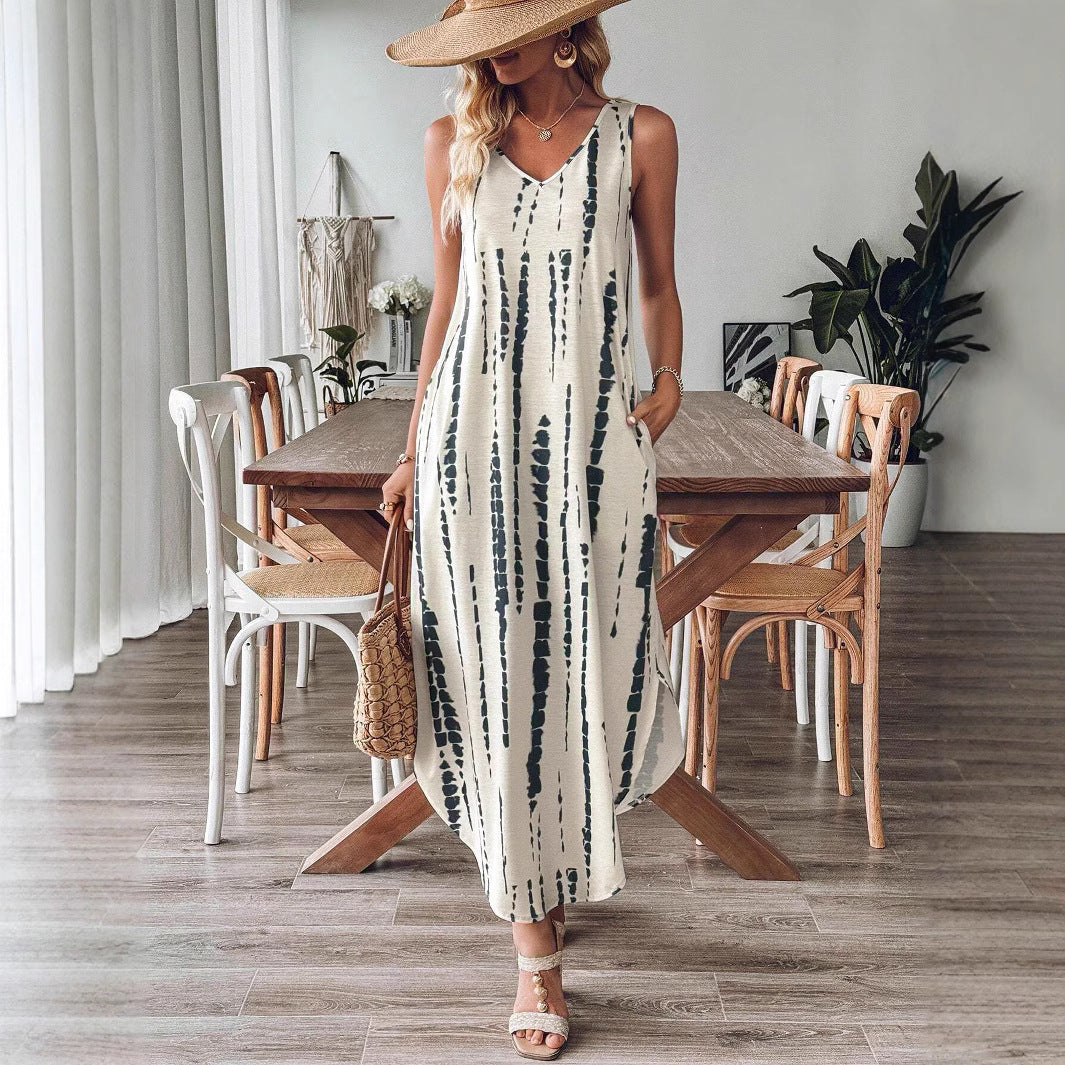 Damen Lässiges Maxikleid mit V-Ausschnitt und modernem Muster Sovae