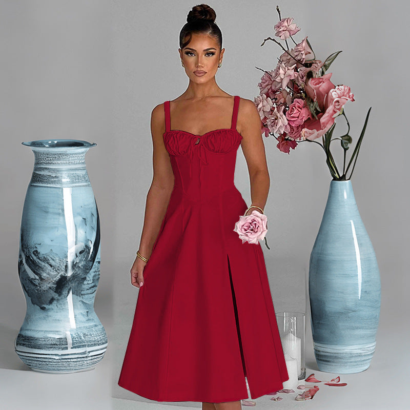 Damen Midikleid mit elegantem Schlitz und Rüschen Sovae