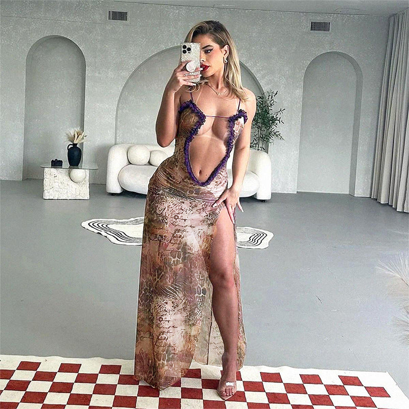 Damen Elegantes transparentes Maxikleid mit fransigem Ausschnitt Sovae