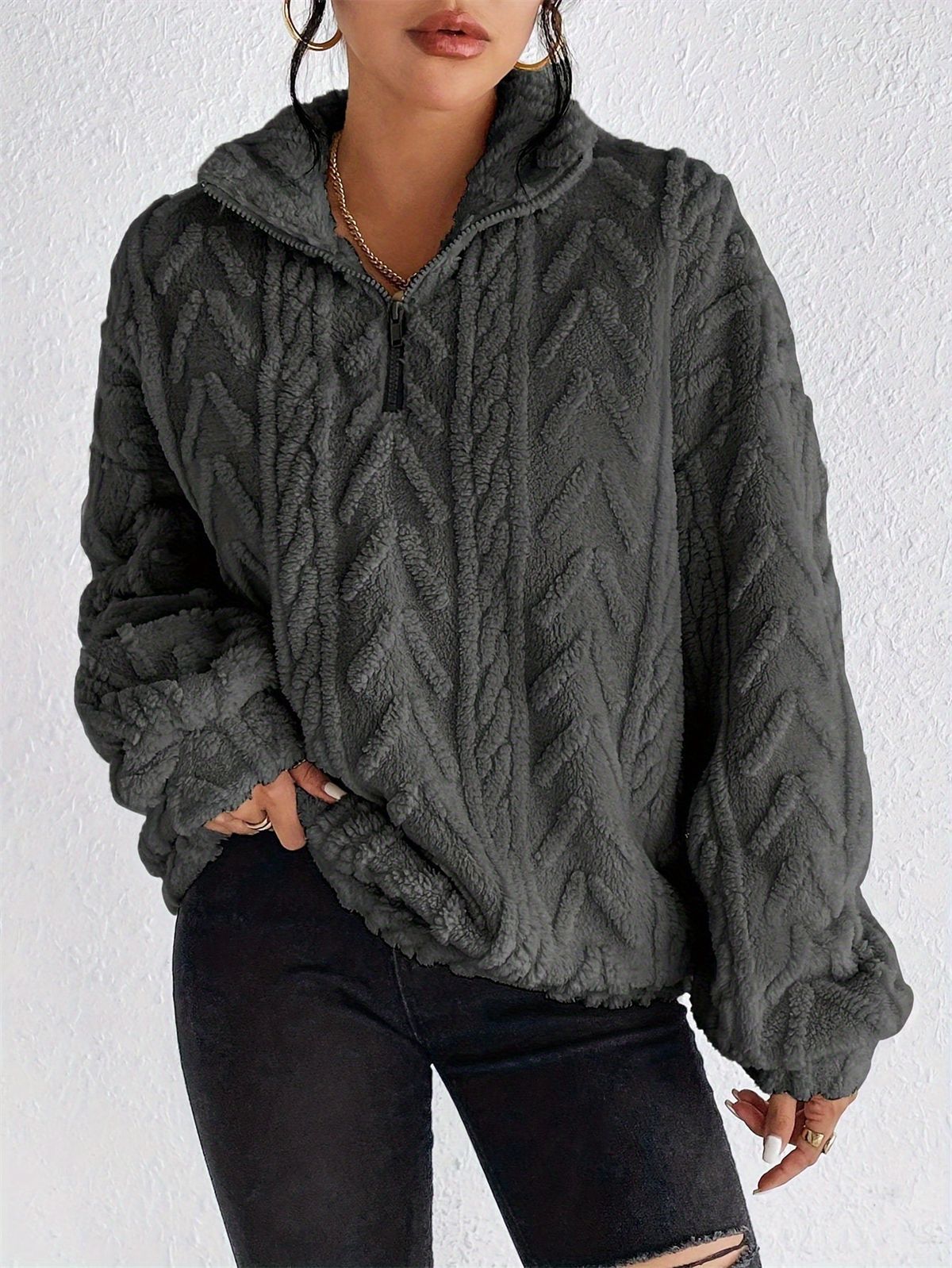 Damen gemütlicher Fleece-Pullover mit halbem Reißverschluss und strukturiertem Muster Sovae