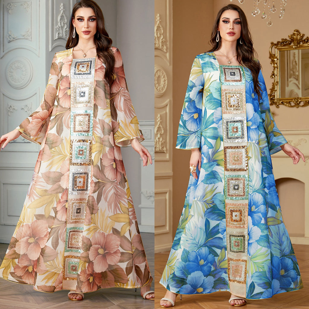 Damen Luftige Kaftan Robe mit prächtigen Blumenmustern Sovae