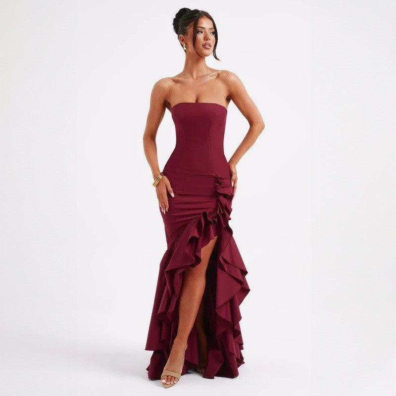 Damen Straploses Maxikleid mit voluminösem Rüschenrock und seitlichem Schlitz Sovae