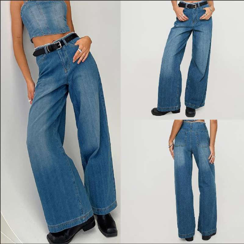 Damen Weit geschnittene High-Waist Jeans mit Fransen Sovae