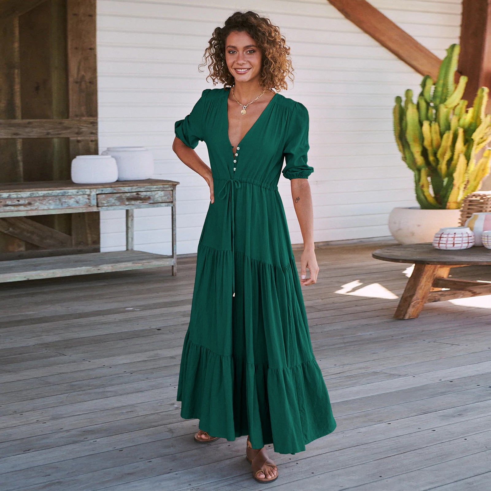 Damen Maxikleid mit zarten Puffärmeln und Taillenzug Sovae
