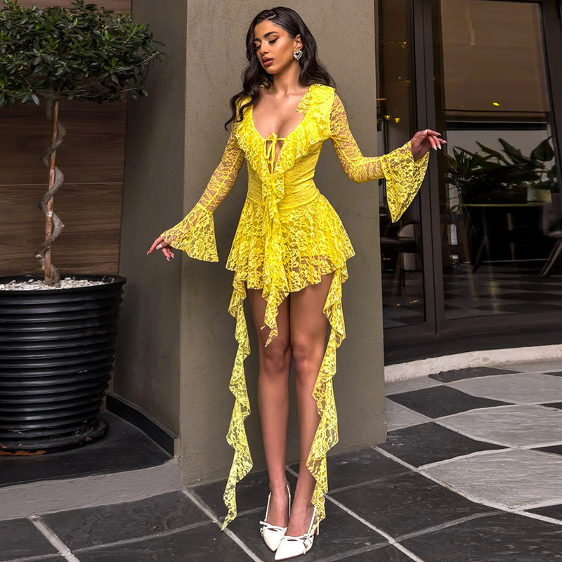 Damen verspieltes Spitzenkleid mit Rüschendetails Sovae