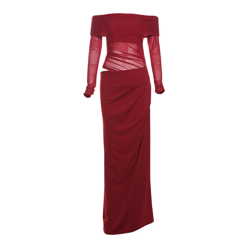 Damen elegantes Off-Shoulder Maxikleid mit raffinierten Rüschendetails Sovae