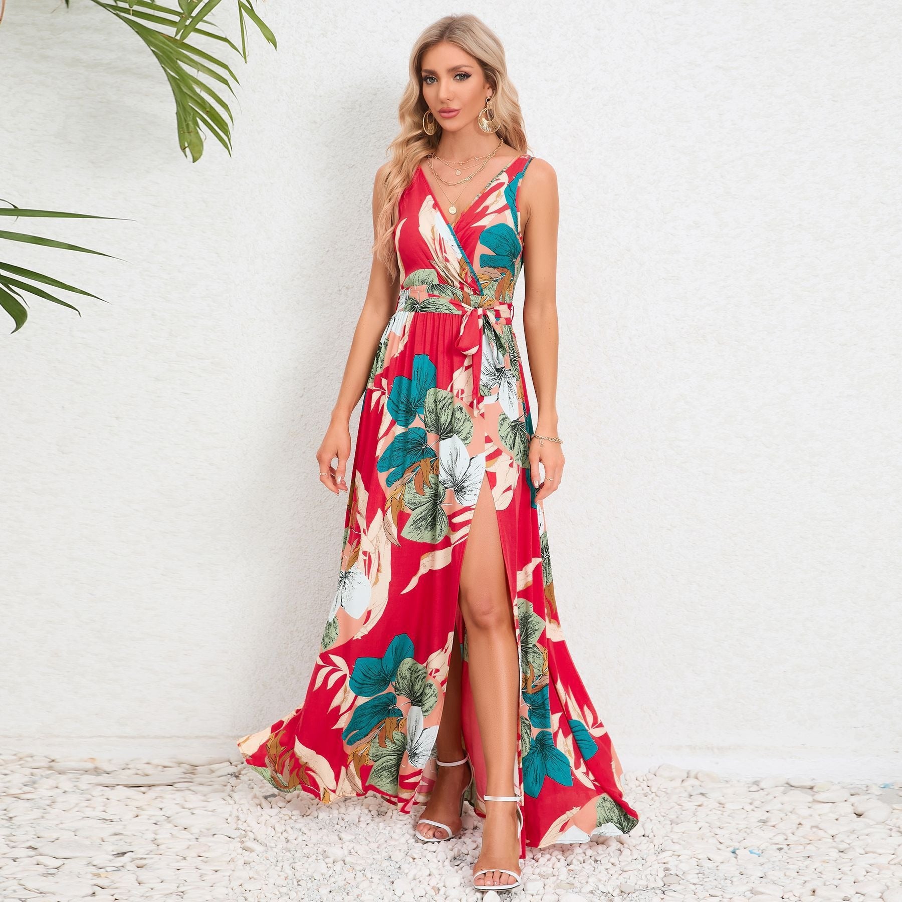Damen Maxikleid mit tiefem V-Ausschnitt und floralem Muster Sovae