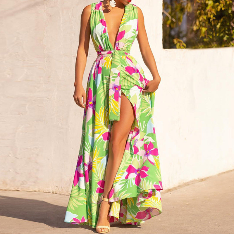 Damen Maxi-Kleid mit tiefer V-Ausschnitt und floralem Muster Sovae