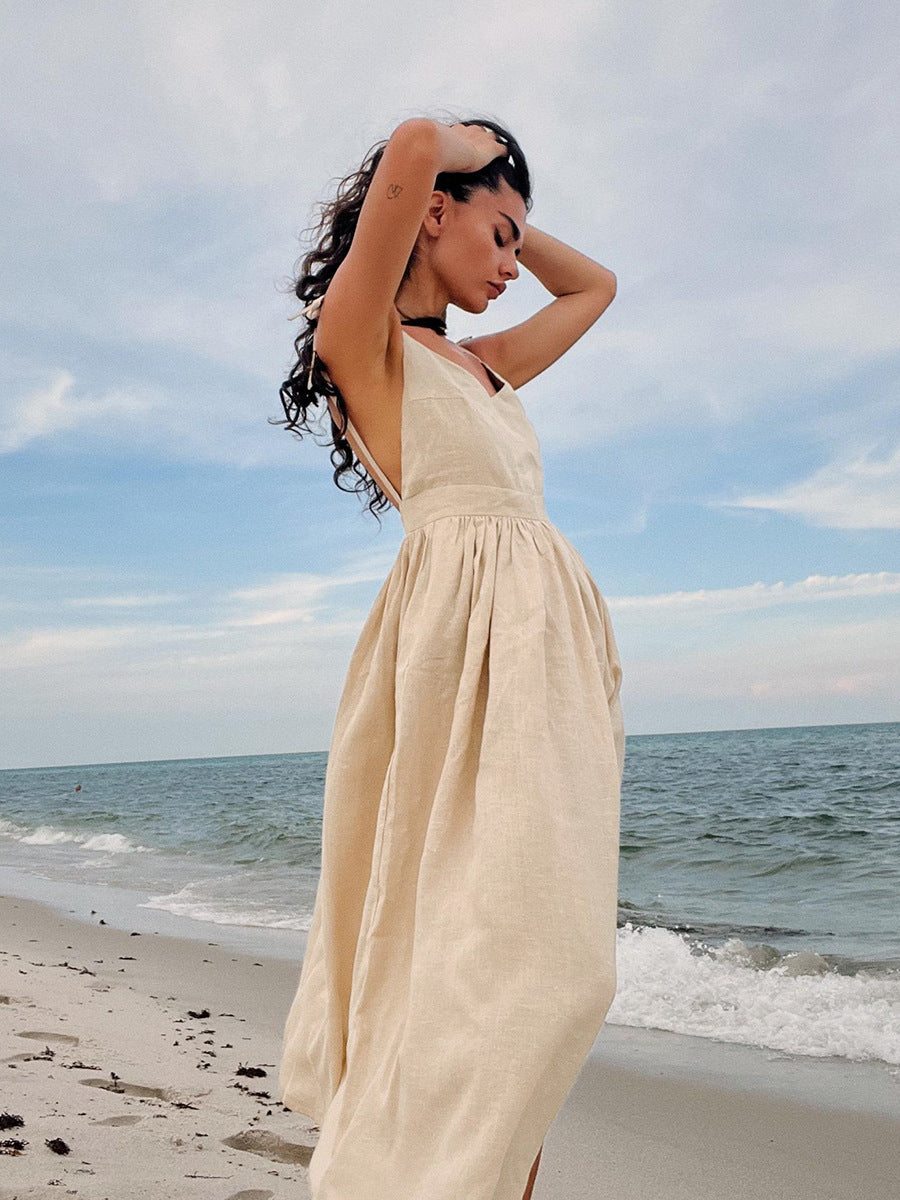 Damen Midi-Linnenkleid mit Spaghetti-Trägern Sovae