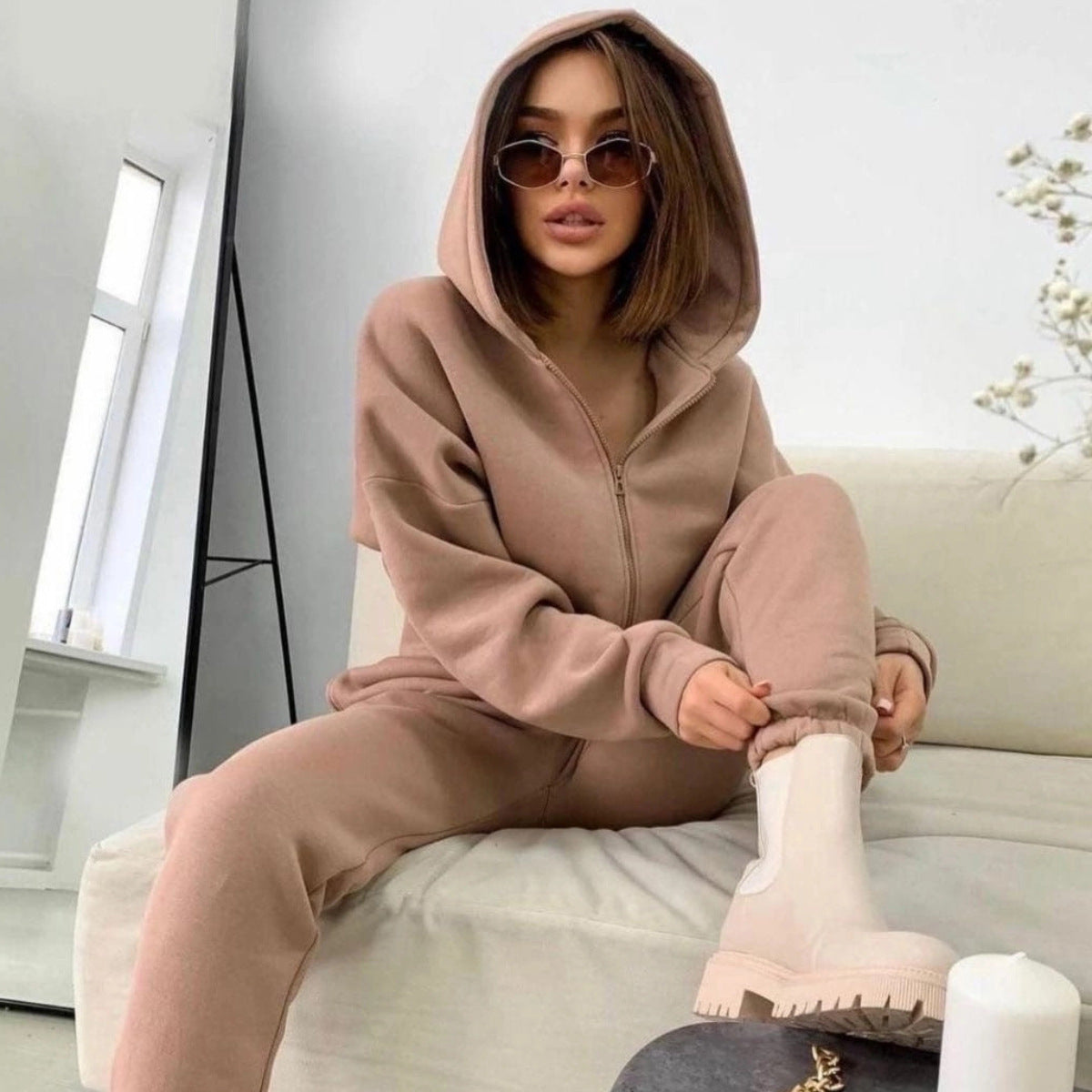 Damen modisches Freizeit-Loungewear-Set mit Kapuze und weitem Schnitt Sovae