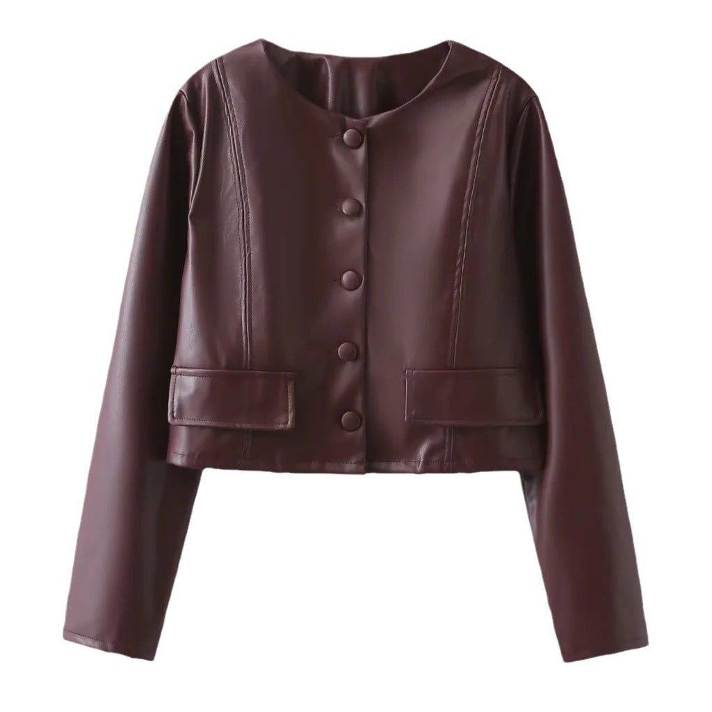 Damen Kunstleder Jacke mit Knopfdetails und eleganten Taschen Sovae