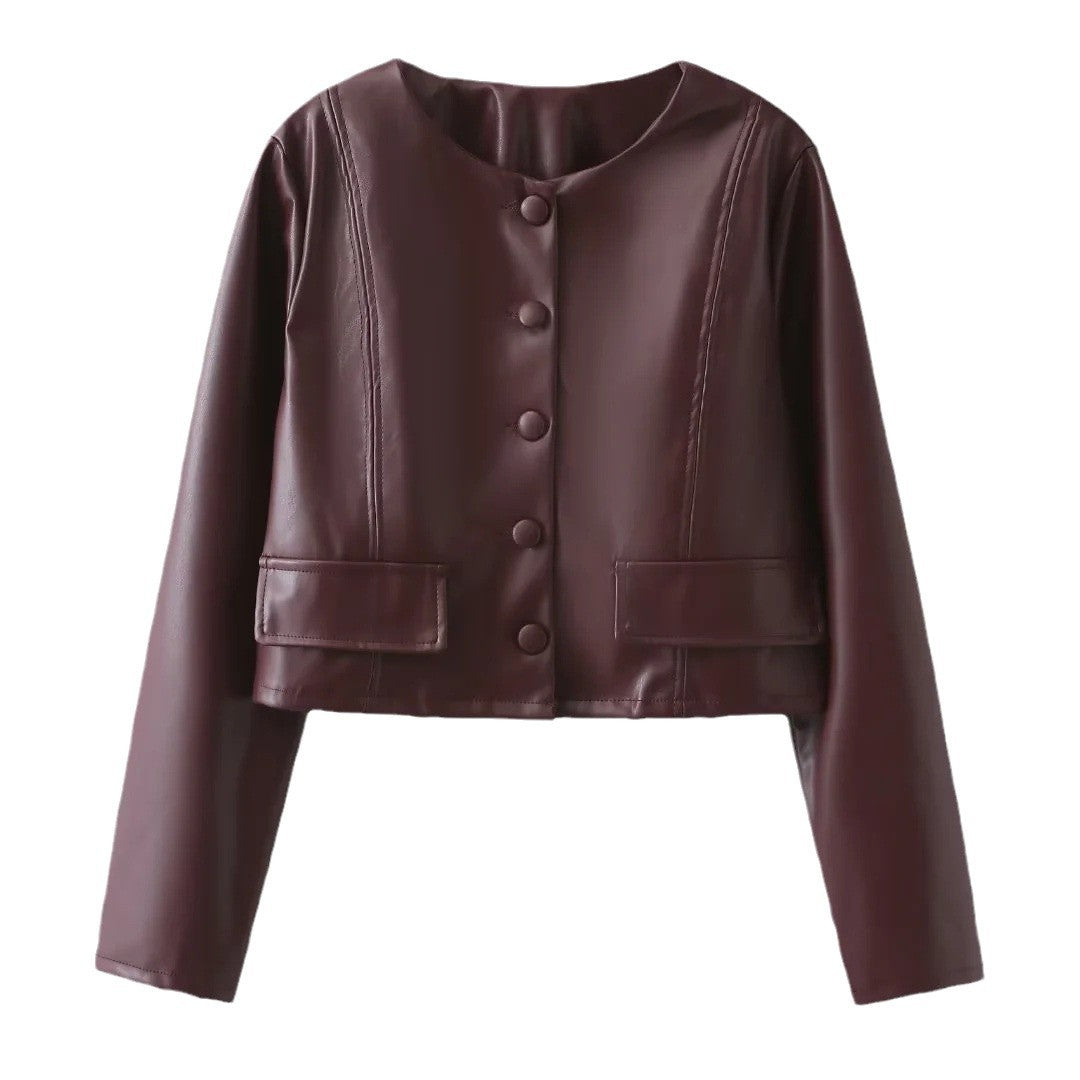 Damen Kunstleder Jacke mit Knopfdetails und eleganten Taschen Sovae