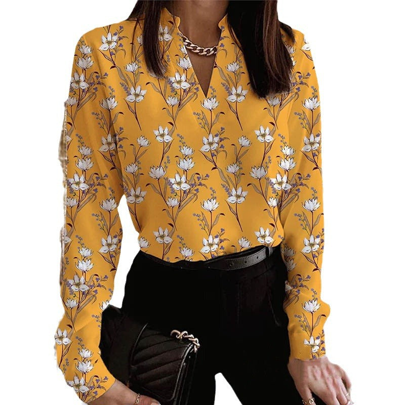Damen Blumenmuster Bluse mit V-Ausschnitt und langen Ärmeln Sovae