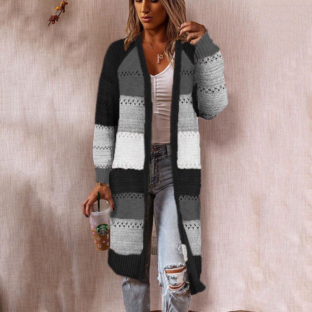 Damen Strickjacke im Retro-Patchwork-Stil mit langen Ärmeln und offenen Front Sovae