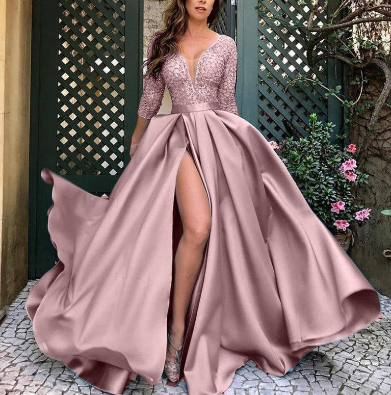Damen Elegantes Abendkleid mit tiefem V-Ausschnitt und seitlichem Schlitz Sovae
