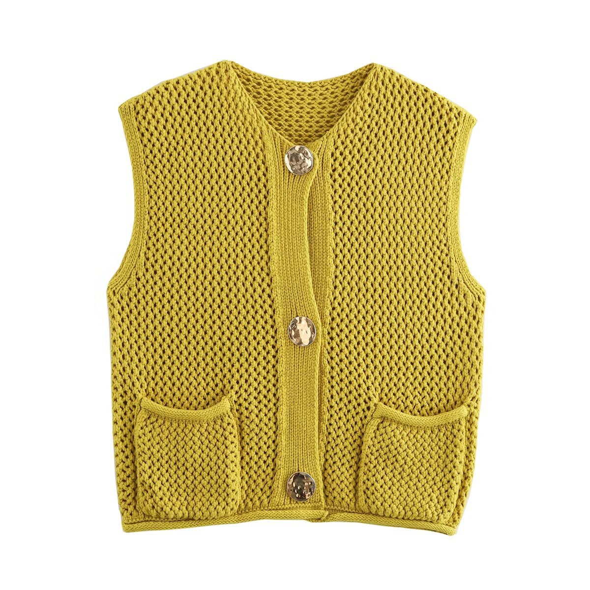 Damen Strickweste mit Taschen und dekorativen Knopfdetails Sovae