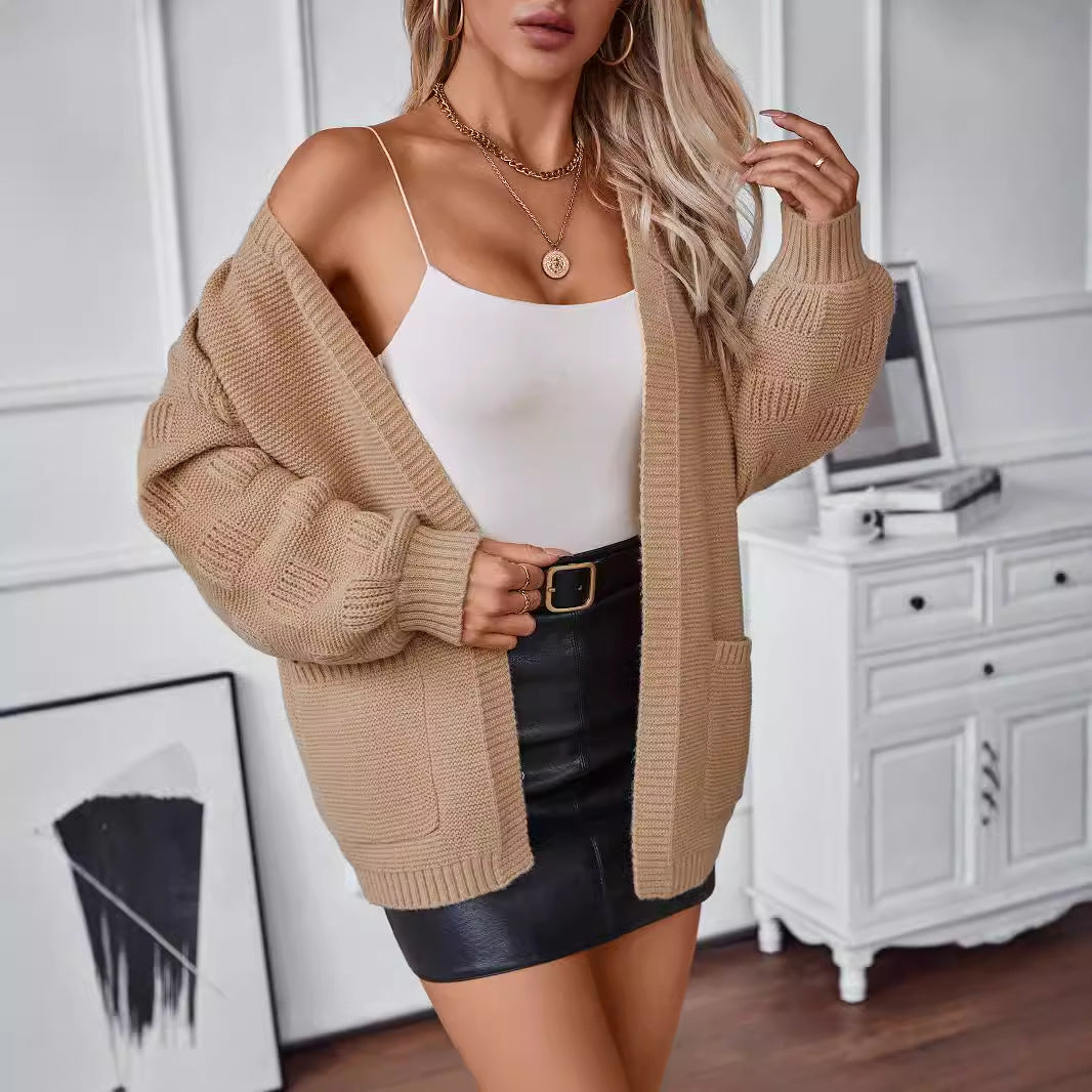 Damen weit geschnittene Strickjacke mit Taschen und strukturiertem Ärmel Sovae